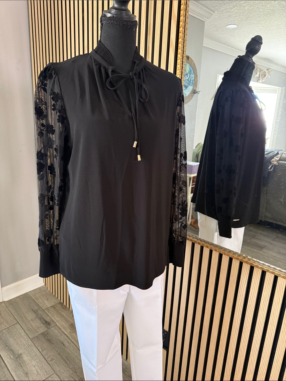 Anne Klein Black Tie-Neck Blouse with Sheer Floral Sleeves